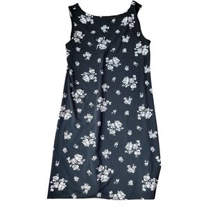 Floral Sleeveless V-Neck Shift Dress Black White Knee Length Casual Workwear